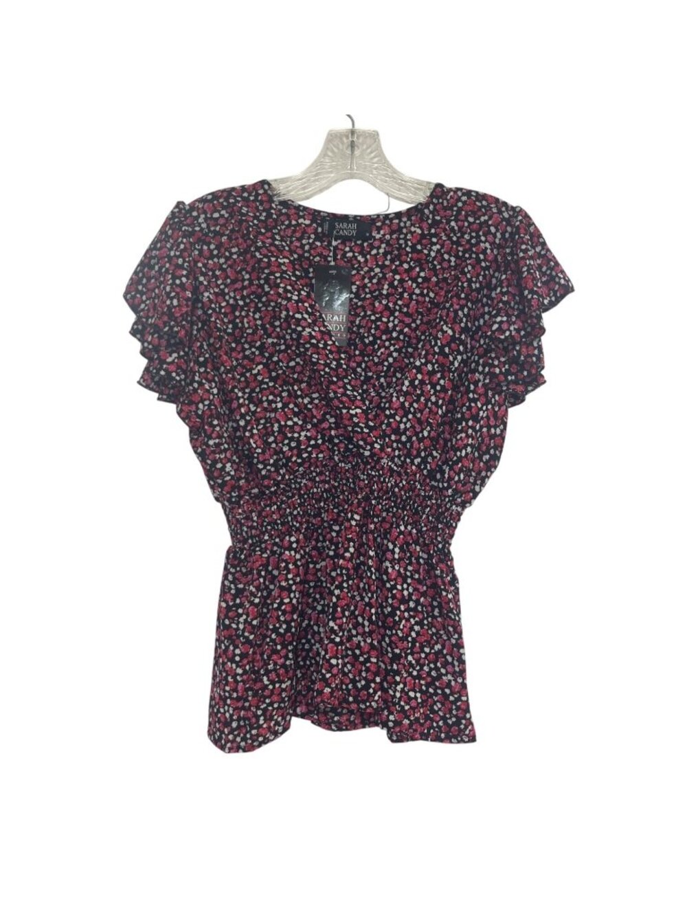 Sarah Candy Floral Smocked Waist Blouse Ruffle Sleeve Blouse Medium Pink Black N